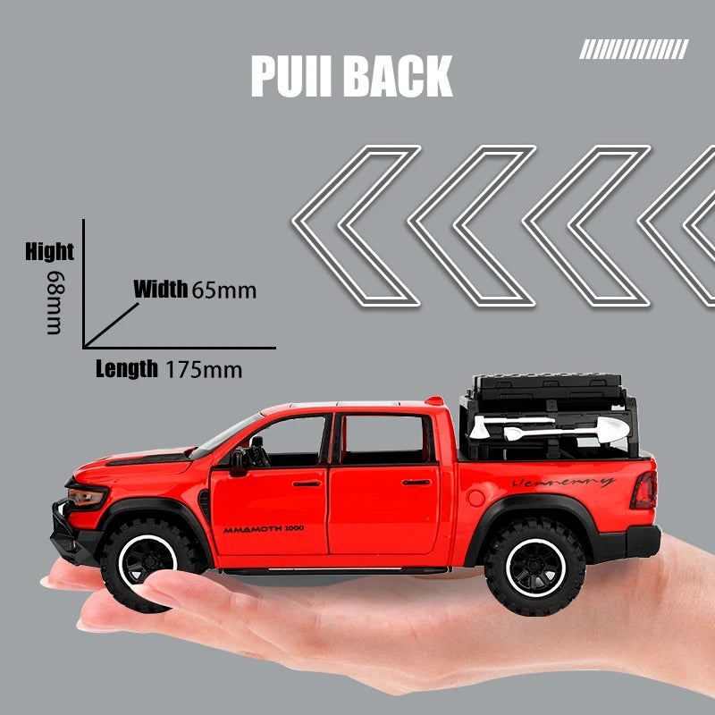 1/32 Dodge RAM MAMMOTH Pickup Toy Car Miniature Diecast Metal Off Road Vehicle Model Pull Back Sound Light Collection Gift Boy