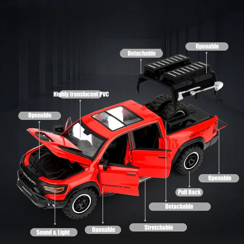 1/32 Dodge RAM MAMMOTH Pickup Toy Car Miniature Diecast Metal Off Road Vehicle Model Pull Back Sound Light Collection Gift Boy