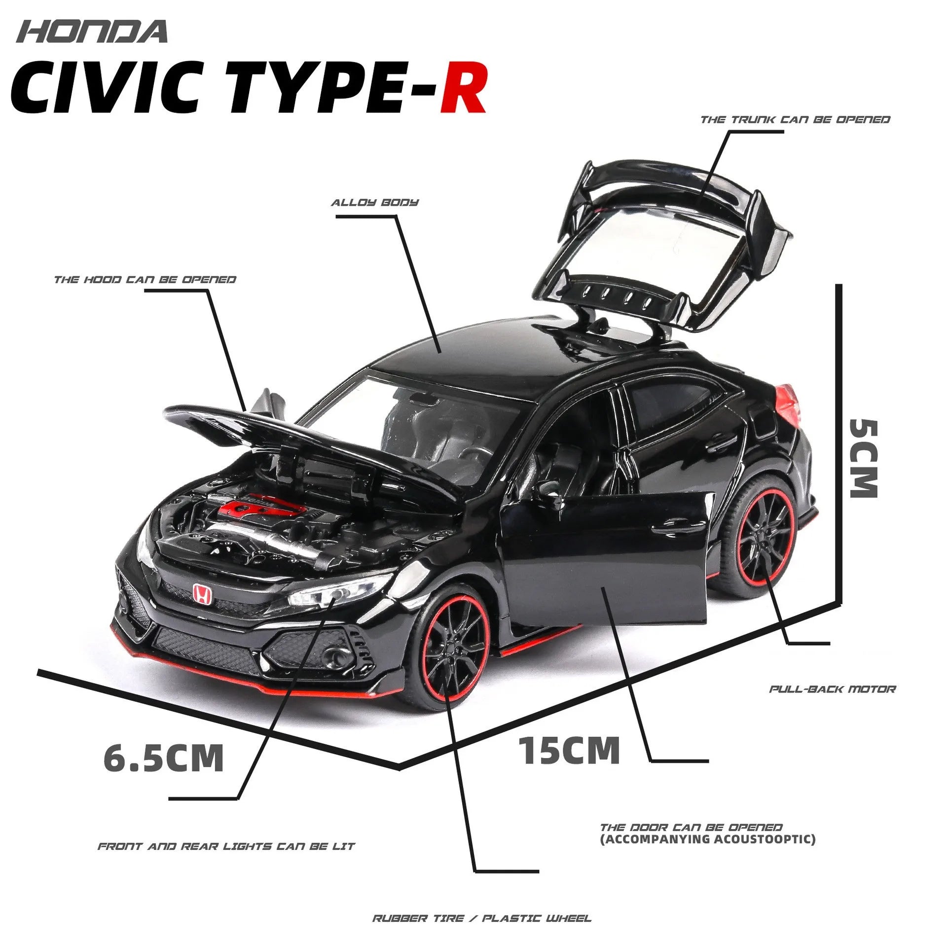 1/32 Honda Civic Type R Toy Car For Children Diecast Miniature Model Pull Back Doors Openable Sound Light Collection Gift Boys