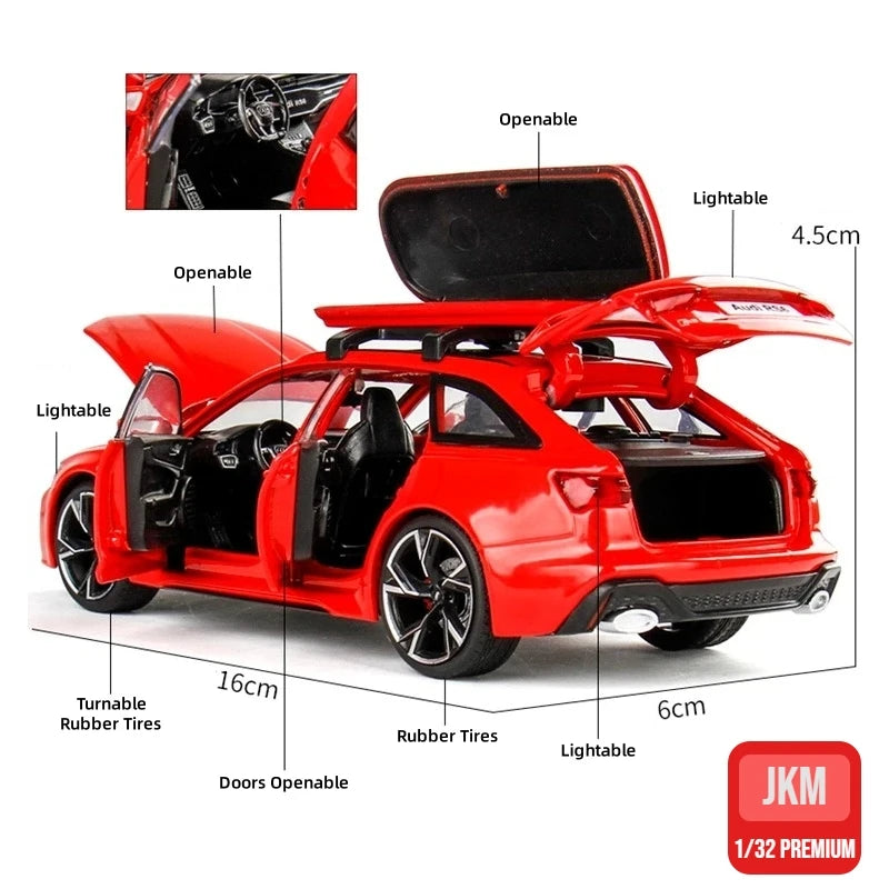 1/32 Audi RS6 Miniature Diecast Toy Car Model Sound & Light Doors Openable Educational Collection Gift for Children Boy Kid